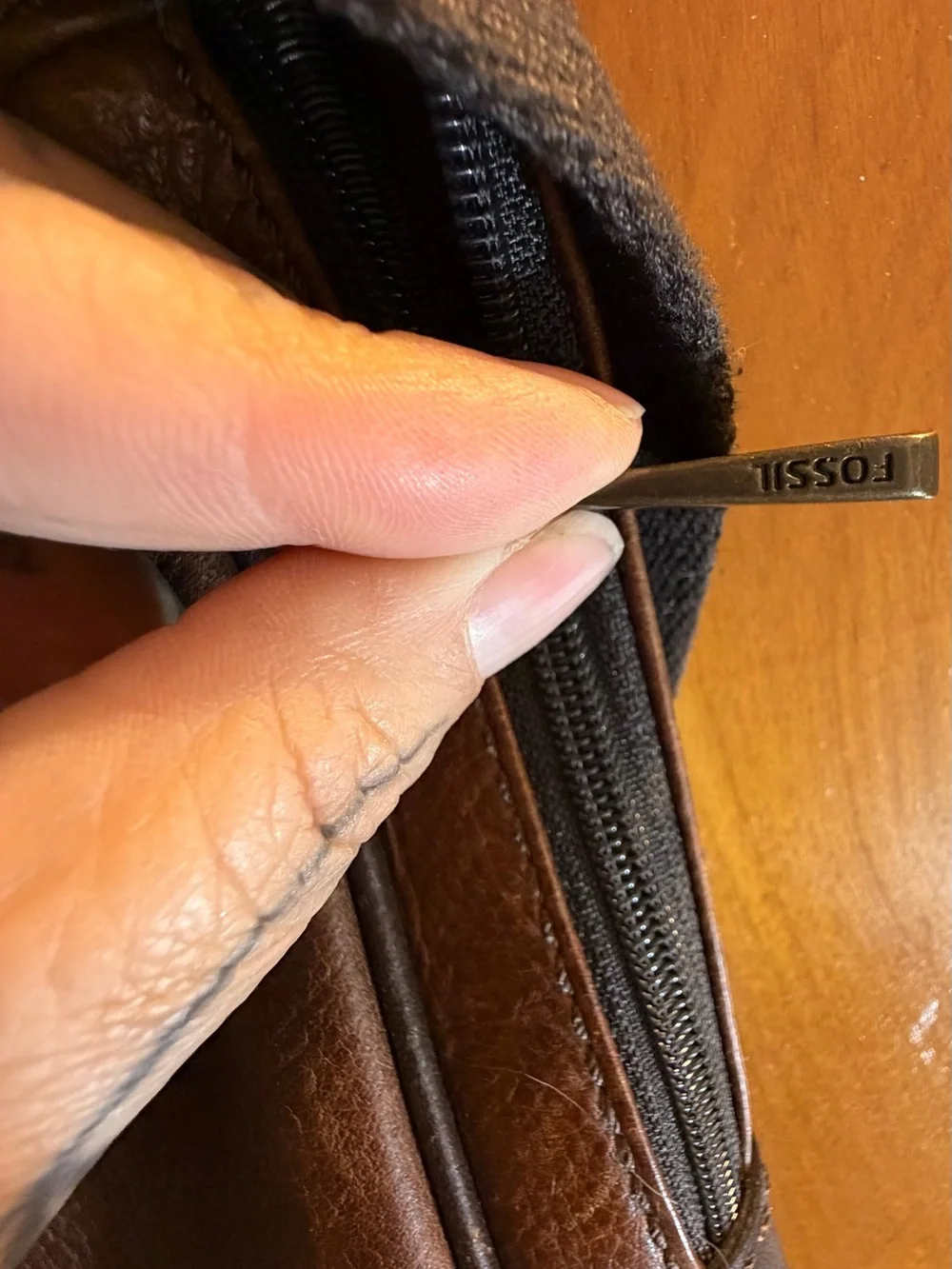 Fossil Brown Leather Briefcase with Dark Brown Accents